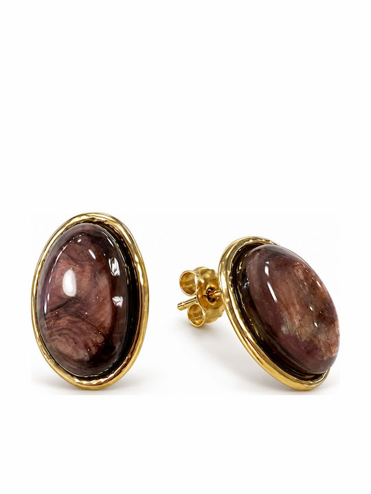 Women's Oval Stud Earrings Steel – Gold Brown-Purple Decorative Detail