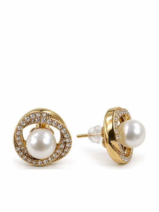Women's Stud Earrings Steel White Pearl Bead & Stones – Gold Tone