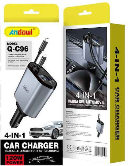 Andowl Q-C96 Φορτιστής Αυτοκινήτου 120W με Θύρες: 1xUSB-A 1xType-C μαζί με Καλώδιο Lightning / Type-C