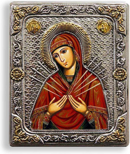 Our Lady of the Seven Swords Silver Icon Wood Locally Gilded 15x12 Cm