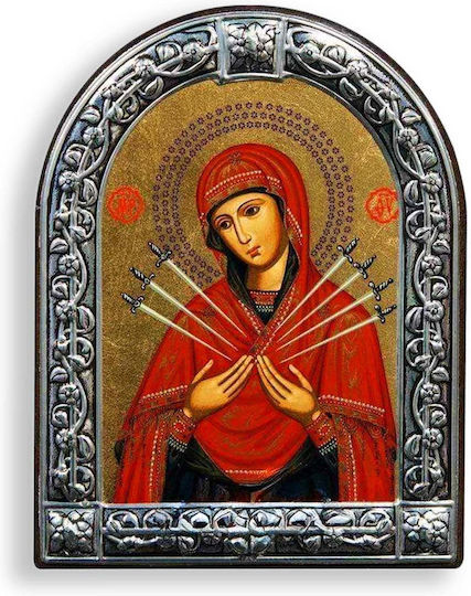 Sieben-Schwerter-Madonna Ikone Holz Mit Unvergänglichem Metallrahmen 29x21 Cm
