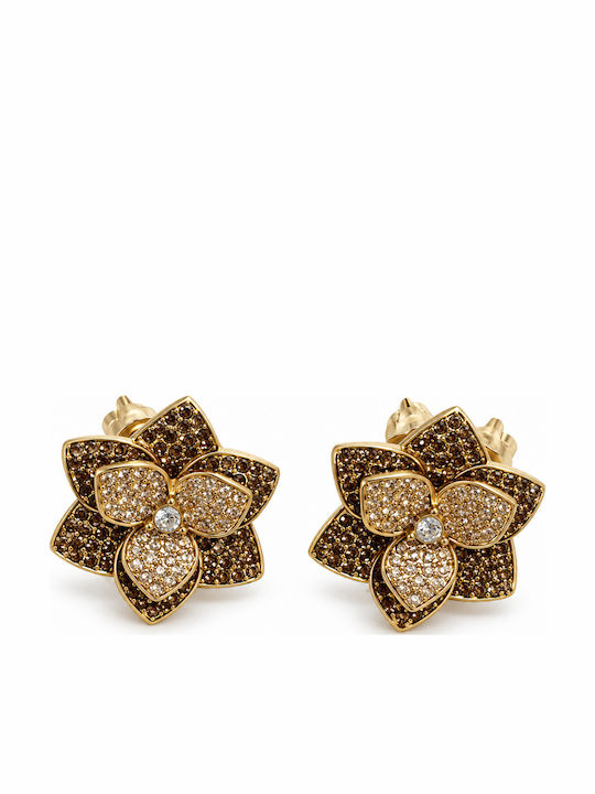 Women's Flower Earrings Steel Brown Clear Stones – Gold Tone