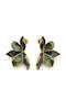 Women's Stud Flower Earrings Steel – Dark Green with Gold Details