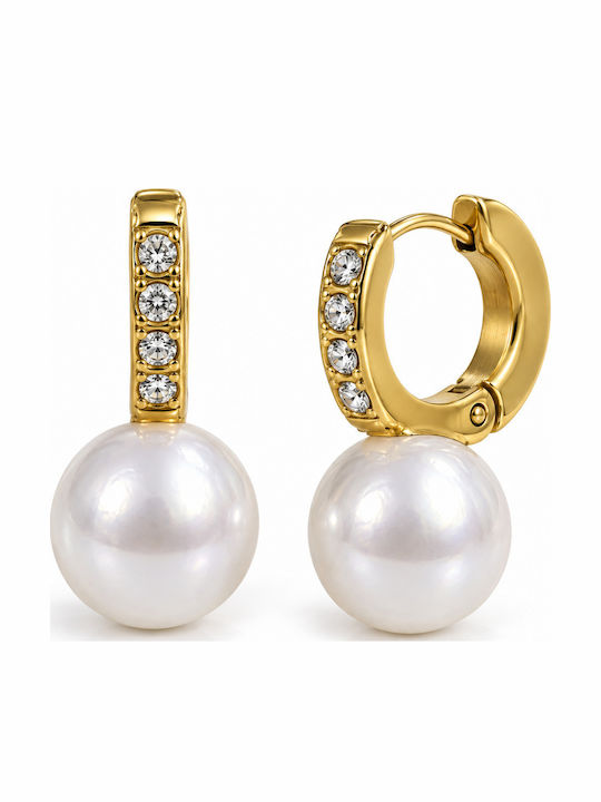 Women's Hoop Earrings Steel White Pearl Bead Stones – Gold Tone