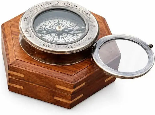 Decorative Nautical Compass with Wooden Base – Antique Silver