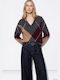 Damenbluse mit V-Ausschnitt Dark Grey With Beige And Burgundy
