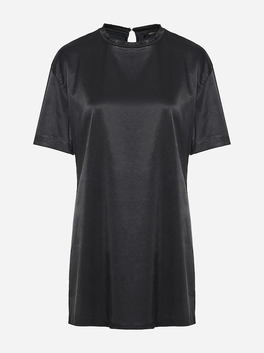 Summer Midi T-Shirt Dress Satin Black