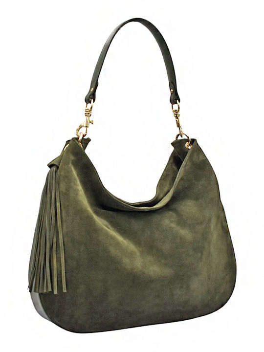 Leather Knitted Women's Hobo Bag Suede with Fringes Olive Green