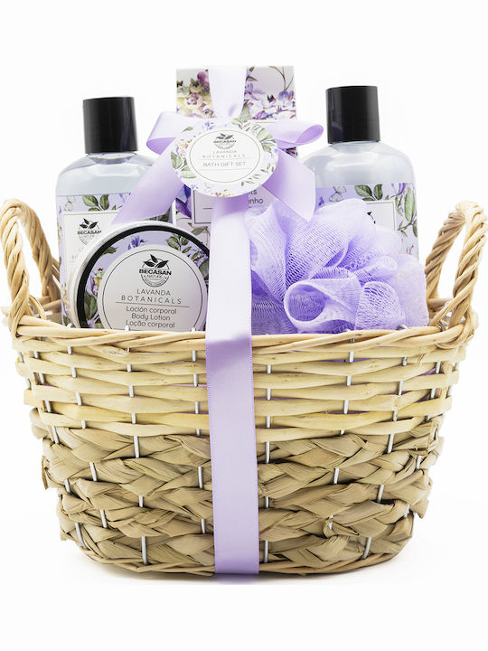 Becasan Botanicals Lavender Aroma Set de Îngrijire în Coș de Rachită pentru Hidratare și Curățarea Corpului 5 Bucăți