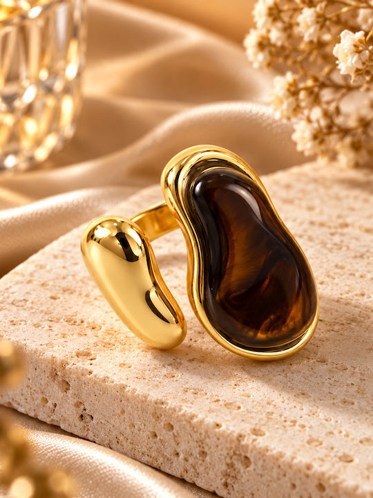Kingleap Women's Ring with Stones, Gold-Plated Steel
