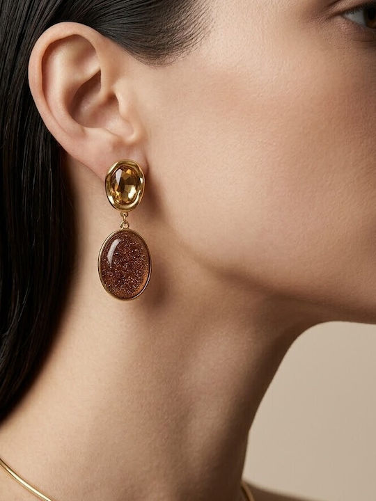 Women's Dangle Earrings Gold Oval Stones Glitter Details Prime Steel Brown Gold Women One Size Ssn298