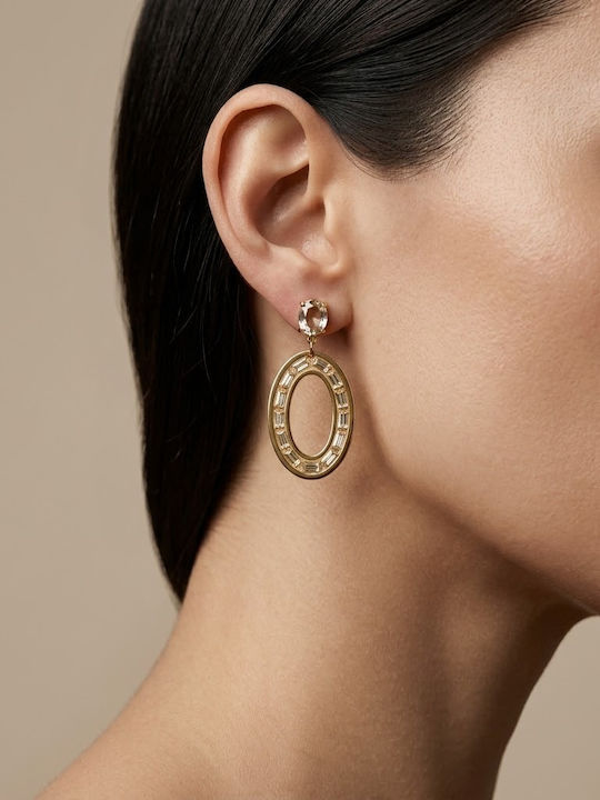Women's Gold Oval Dangle Earrings with White Stones Prime Steel Gold Women One Size Ssn301 Women's Gold Oval Dangle Earrings with White Stones Prime Steel Gold Women One Size Ssn301
