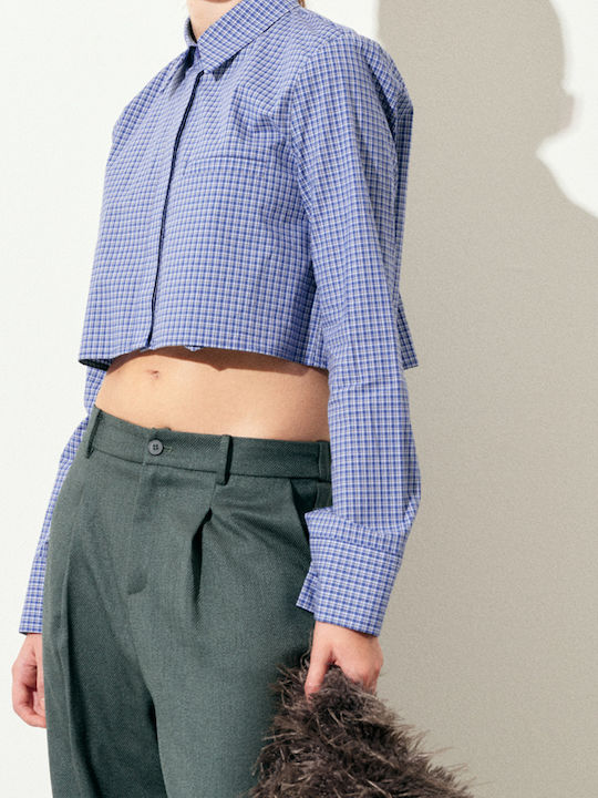 Long Sleeve Women's Blue Checked Denim Shirt