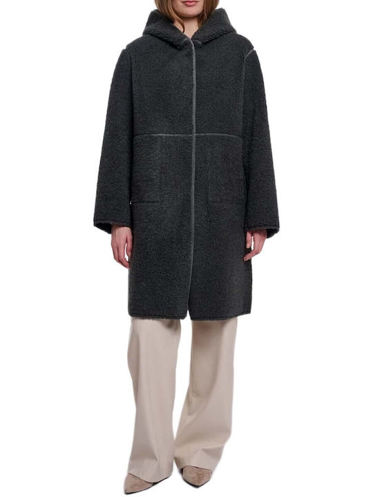Bouclé Women's Coat Urban Teal with Fur Details