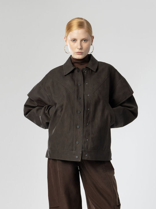 Moutaki Long Women's Leather Blazer Brown