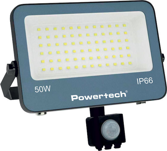 Powertech Στεγανός Προβολέας LED 50W Φυσικό Λευκό 4000K με Αισθητήρα Κίνησης IP66