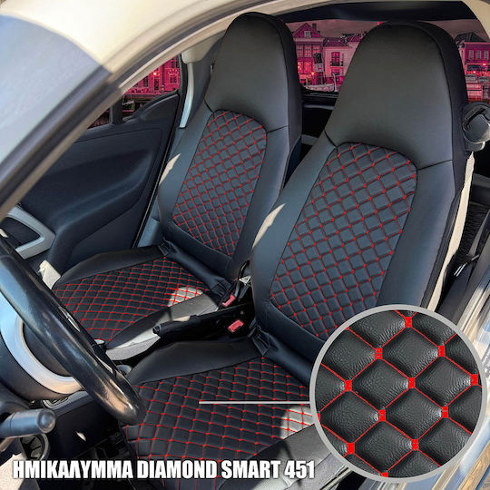 Smart Fortwo 451 2006-2014 Huse Parțiale pentru Scaune Diamond din Piele Sintetică Negru-Roșu, Pereche