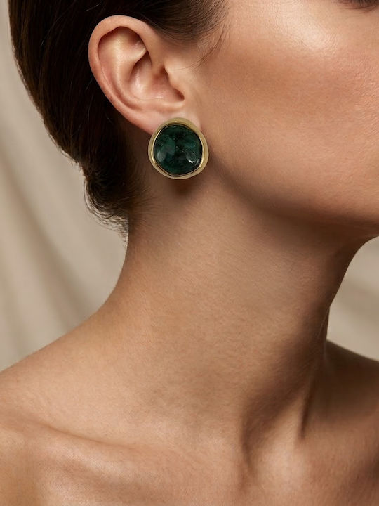 Women's Gold Stud Earrings with Green Cabochon Stone in an Organic Shape Prime Steel Gold Green Women One Size Ssn334