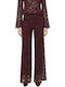 Women's High-Waisted Velvet Wide-Leg Trousers with Elastic Waistband, Loose Fit, Floral, Burgundy