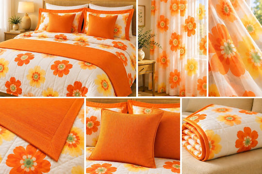 Decotelia Set Cuvertură Matlasată King Size Portocalie 220x240cm 7 Bucăți