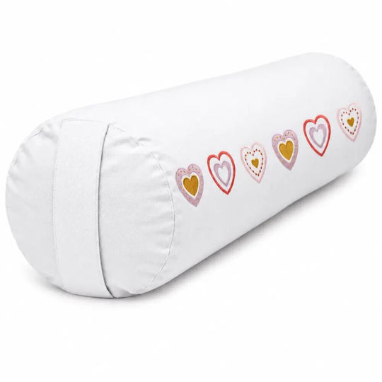 Yoga Bolster Round Yoga Pillow White Hearts Organic Cotton 60x16cm