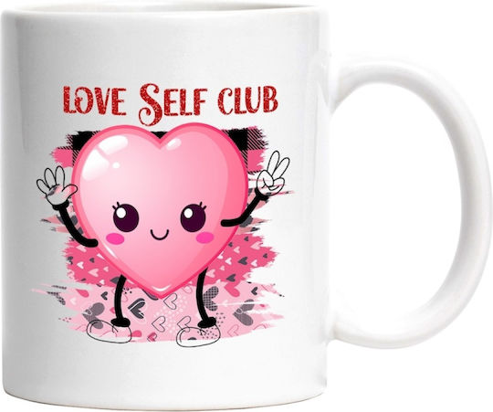 A Happy Heart, Love Self Club, Love Yourself, Cheerfulness, Joy, Pink, Valentine's Day Ceramic White Mug 330ml (Personalized)