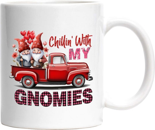 2 Gnomes And A Car, “Chillin' With My Gnomies,” Relaxation, Tomatoes, Flowers, Valentine's Day, Love White Ceramic Mug 330ml (Personalized)