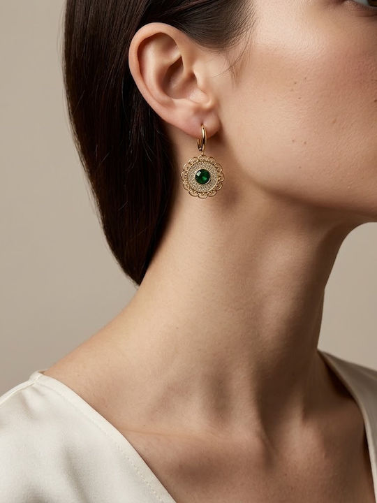 Women's Gold Dangle Earrings with Round Green Center Stone and Lace Detail Prime Steel Gold Green Women One Size Ssn336