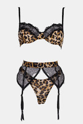 Set Lenjerie Sexy Cu Armătură Jartiere Și Mănuși Animal Print Maro