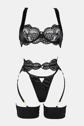 Set de Lenjerie Intimă din Satin cu Balene și Jartiere Negru