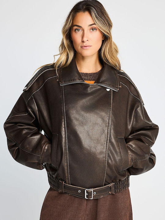 Funky Buddha Γυναικείο Biker Jacket Καφέ