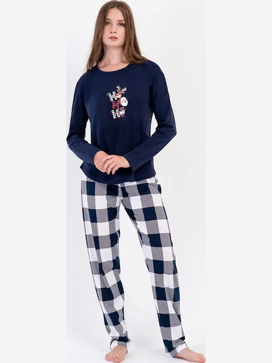 Vienetta Secret Winter Women's Cotton Pyjama Set Navy Blue