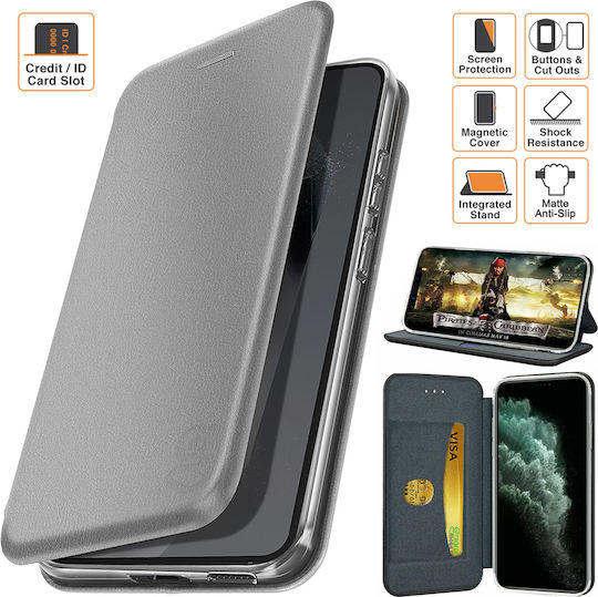 Book-style Case Motorola Moto E40 Flip Cover Magnetic Closure Card Pocket Stand Function Eco-leather Microfiber Lining Silver