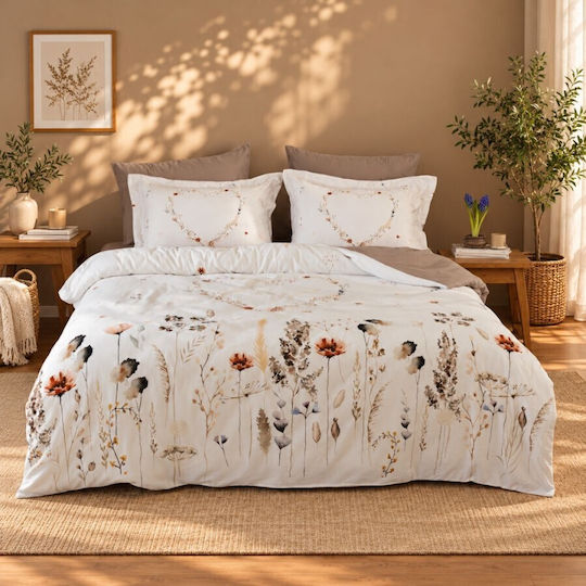 First Choice Bloomy Комплект Плик за Завивка от Памучен Сатен 200x220cm Двоен с 4 Калъфки за Възглавници & 1 Чаршаф Оранжев