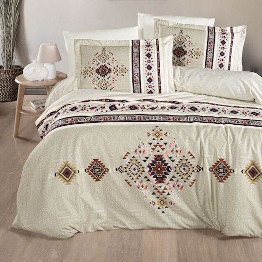 First Choice Derek Комплект Плик за Завивка от Памучен Сатен 200x220cm Двоен с 4 Калъфки за Възглавници & 1 Чаршаф Cream