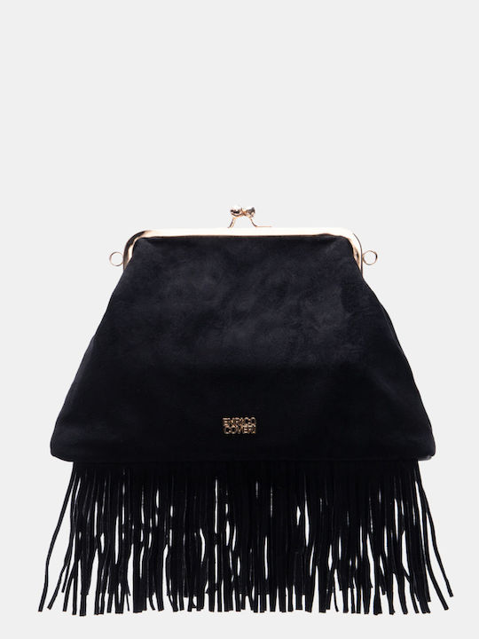 Schwarze Damen-Schultertasche aus Stoff und Wildleder mit Fransen