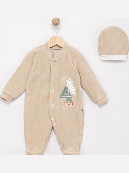 Mon Petit Art Velour Bodysuit Set With Cap Beige