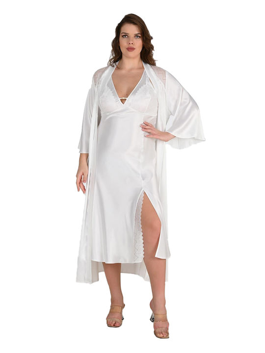 Ahu Lingierie Winter Bridal Women's Robe with Nightgown White