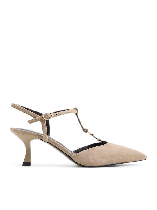 Leather Pointed Toe Heels with Strap Taupe