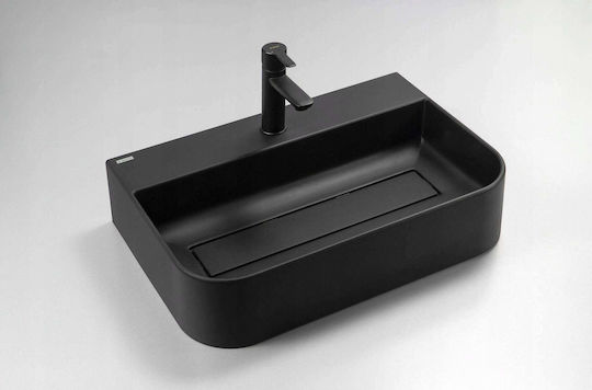 Deante Einbauspüle aus Flüssiggranit mit Wasserhahn L60,5 × B40,5 cm Schwarz