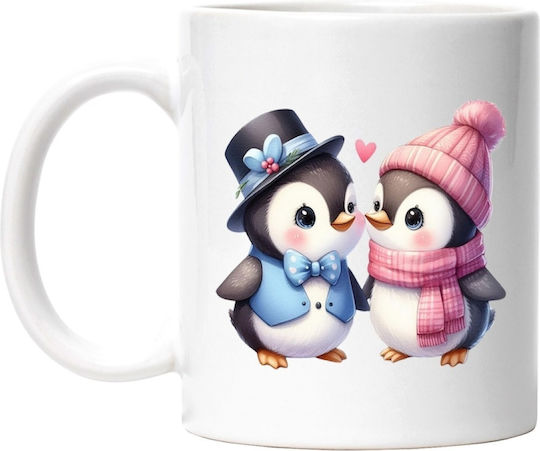 2 Penguins, Joy, Friendship, Hat, Beanie, Scarf, Valentine's Day Ceramic White Mug 330ml (Personalized)
