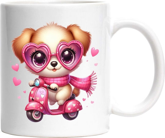 A Puppy Riding a Scooter, Speed, Driving, Scarf, Valentine's Day Ceramic White Mug 330ml (Personalized)