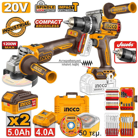 COSLI260583E Комплект Ъглошлайф и Безчеткова Ударна Бормашина-Винтоверт 20V с 2 Батерии 5Ач, Куфар и Зарядно Устройство