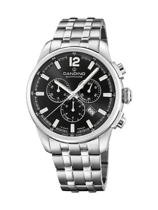 Мъжки Часовник 44 мм Хронограф На Батерия Със Сребриста Стоманена Верижка