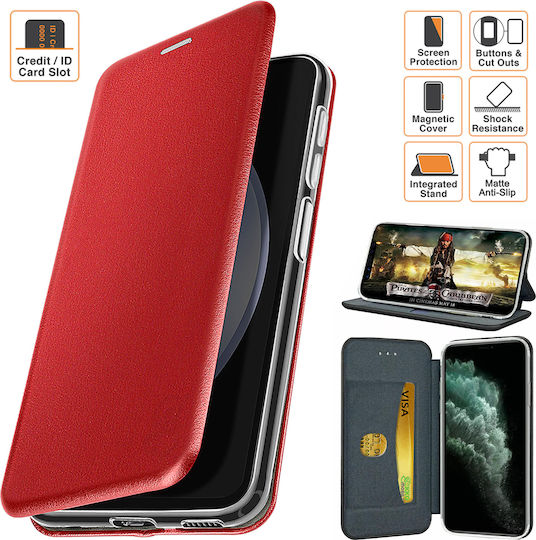 Book-style Case Motorola Moto E40 Magnetic Flip Closure Card Pocket Stand Function Faux Leather Microfiber Lining Red