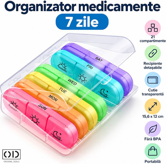 7-day Pill Organizer 21 Compartments Removable Containers 15.6 X 12 Cm Multicolor Original Deals