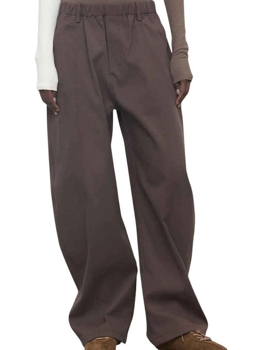Women's Brown Fabric Trousers with Elastic Waist