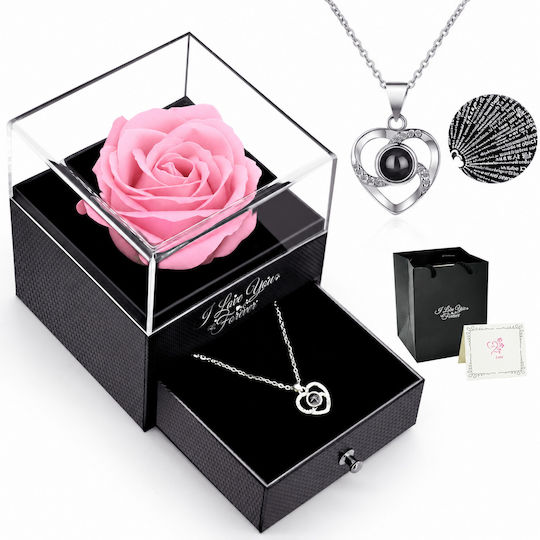 Eternal Rose Necklace Box “I Love You” in 100 Languages Pink