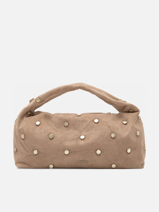Damen-Schultertasche Aus Stoff Suede Dunkelbeige