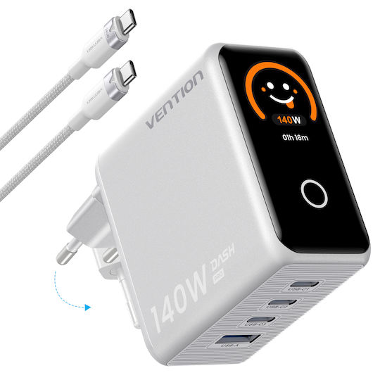 Vention GaN Зарядно Устройство с USB-A Порт и 3 USB-C Порта и USB-C - USB-C Кабел 140 W Power Delivery Сребристо (Dash Pro)